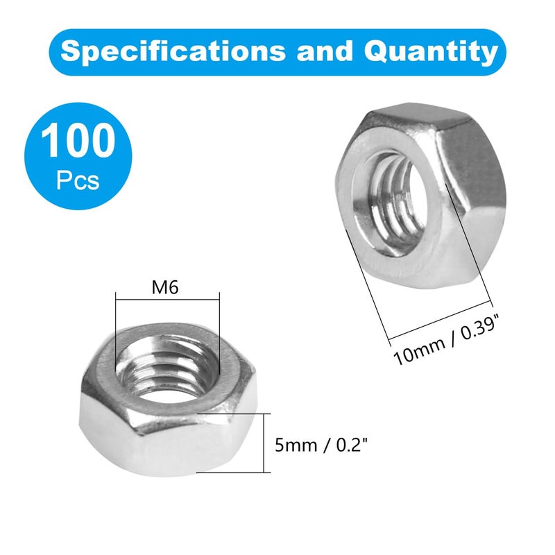 Yinpecly 100pcs M6-1.0 Hex Nut, 304 Stainless Steel Nuts,M6x1.0mm Hex Drive,Metric Coarse Thread Hexagon Nut,Small Nuts Fasteners, Right Hand, M6 Replacement Nut - Image 2